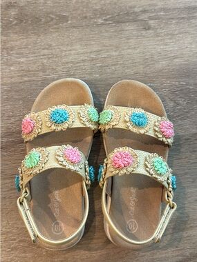 Cat & Jack Girls Tan Sandals with Pink, Green & Blue Crochet Flowers